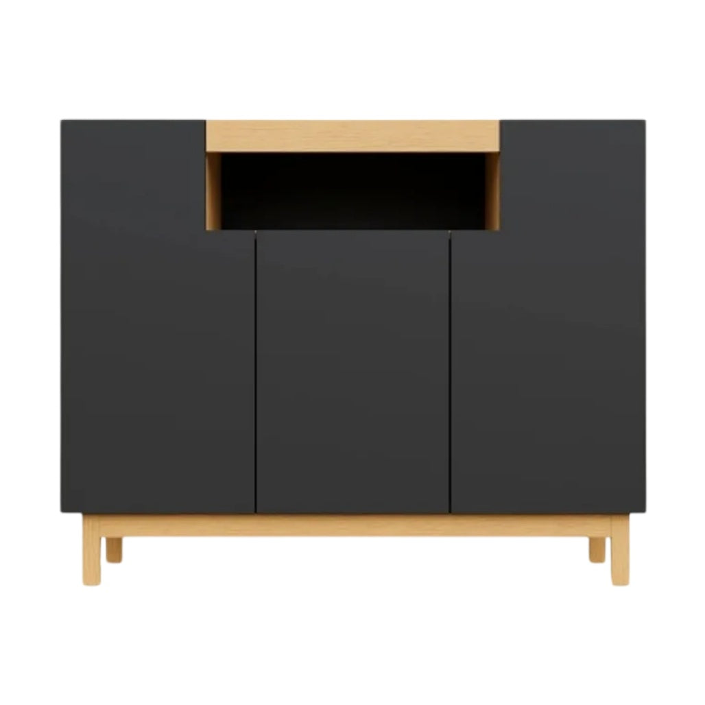 **Meuble de rangement moderne en bois et noir avec compartiment ouvert**