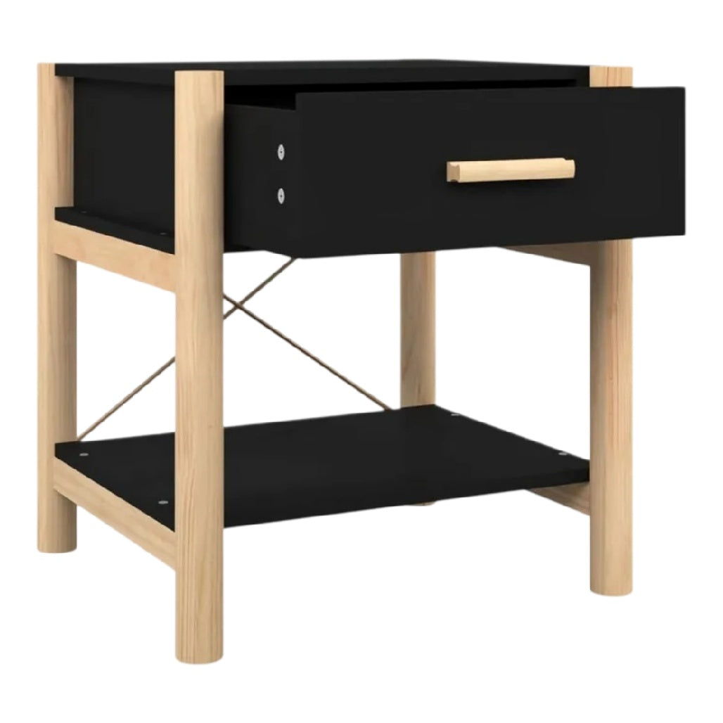 **Table de chevet moderne avec tiroir noir et structure en bois**