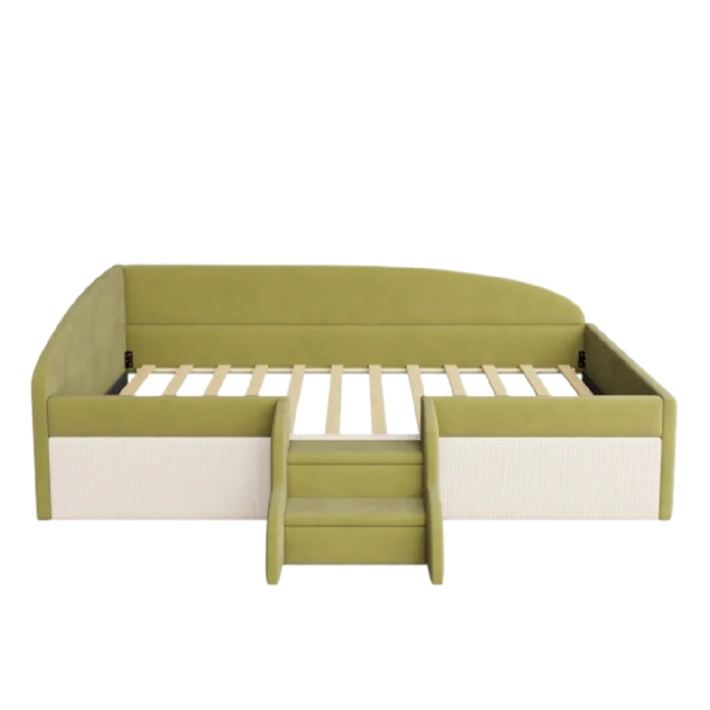 **Lit d'enfants convertible avec marches, tissu vert et blanc**